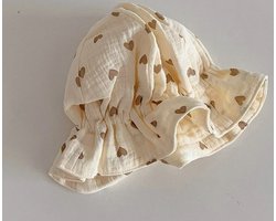Schattige Vakantie Zonnehoed Linnen look - Off-White - Hartje / Hart - Wafelstof - Katoen | 0 – 18 Maanden | Baby – Kind | UV Werend | Elastiek – Licht Uitrekbaar | Strandhoedje - Zomer Accessoire | Voor op het strand of onderweg! | DH Collection