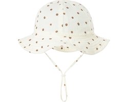 Schattige Vakantie Zonnehoed Linnen look - Off-White stip / stippen - Polkadot Dots - Katoen / Mousseline | 0 – 18 Maanden | Baby – Kind | UV Werend | Elastiek – Licht Uitrekbaar | Strandhoedje - Wafelstof | Voor strand of onderweg! | DH Collection