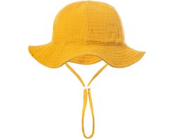 Schattige Vakantie Zonnehoed Linnen look - Oker / Geel kleur - Katoen | 3 – 18 Maanden | Baby – Kind | UV Werend | Elastiek – Licht Uitrekbaar | Strandhoedje - Zomer Accessoire | Voor op het strand of onderweg! | DH collection