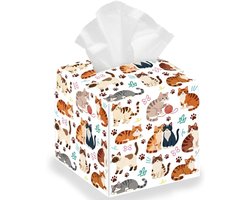 Schattige vierkante opbergdoos voor zakdoeken met kattenpootjes - Waterdichte leren houder voor papieren handdoeken, perfect voor slaapkamer, kantoor en auto (13 x 13 x 13 cm)
