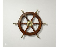 Scheepsstuur Decoratie - Houten Wiel Wanddecoratie - Maritieme Sfeer Creëren - Messing Handgrepen - 45 cm - Bruin Messing