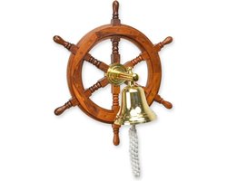 Scheepswiel van Hout met Messing Scheepsbel – Nautische Wanddecoratie – Maritiem Stuurwiel 40 cm – Wandklok Stijl Accessoire