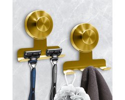 Scheermeshouder met zuignap voor onder de douche, geschikt voor het ophangen van scheermesjes, handdoeken en badsponzen. Afneembare en niet-beschadigende metalen douchehaak, scheermeshouder, set van 2 (goud).