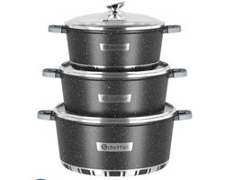 Scheffler 3-delige Pannenset 32/36/40 cm – Marmeren Antiaanbak Pannen met Glazen Deksels – Inductie & Alle Kookplaten – Gezond Koken Zonder PFOA – Grote Soeppannen & Braadpannen – Aluminium Kookset