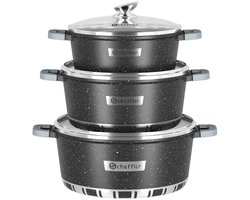 Scheffler 3-delige Pannenset Ø28/32/36 cm – Marmeren Antiaanbak Pannen met Glazen Deksels – Inductie & Alle Kookplaten – Gezond Koken Zonder PFOA – Grote Soeppannen & Braadpannen – Aluminium Kookset