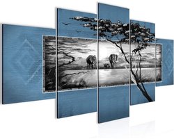 Schilderij Olifant Canvas - Wanddecoratie Dierenprint - Woonkamer Verfraaien - Niet-geweven Fleece Canvas - 100 x 50 cm - Blauw Grijs