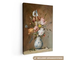 Schilderijen op canvas - Stilleven met bloemen oude meesters 60x90 - Kamer decoratie accessoires - Balthasar van der Ast schilderij woonkamer - Wanddecoratie slaapkamer - Muurdecoratie keuken - Wanddoek interieur - Woondecoratie huis