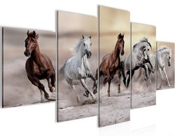 Schilderijen Paarden - Wanddecoratie Dieren - Woonkamer Decoratie - 5 Delen Fleece Canvas - 100 x 50 cm - Bruin