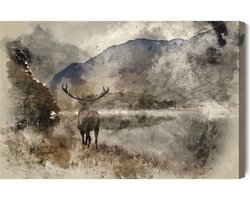 Schilderijkoning - Canvas Schilderij Aquarellandschap Met Herten - 120 x 80 cm