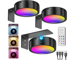 Schilderijverlichting draadloos led-schilderijlamp-schilderijlampje draadloos-Met oplaadbare batterij van 2000 mAh - 3 kleurtemperaturen en 12 RGB - Dimbare, afstandsbediening en timer voor schilderijverlichting - Set van 3 - Zwart