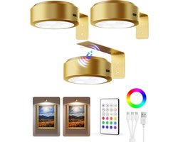 Schilderijverlichting voor aan de muur, magnetische posterverlichting met oplaadbare batterij van 2000 mAh, 3 kleurtemperaturen en 12 RGB-kleuren, dimbare timer voor schilderijen, decoratieve wandlamp voor kunsttentoonstellingen, lijst (3 stuks) goud