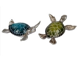 Schildpad - 2 set - Decoratie - Groen - Blauw - Zilver - Beeld - 10x11x3cm - Polyserin
