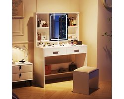 Schminktisch mit LED-Beleuchtung, 3 Helligkeitsstufen & Verstellbaren Regalen – Moderner Frisiertisch mit Großem Spiegel, 2 Schubladen & Schmuckablage – Weiß, Stilvoll & Funktional für Schlafzimmer HomeByNicole