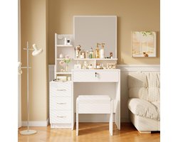 Schminktisch mit Spiegel & Hocker – Moderner Frisiertisch Weiß mit 4 Schubladen & Offenen Fächern – Kosmetiktisch für Schlafzimmer, Kommode mit Stauraum & Sitz, Stilvolles Design für Damen HomeByNicole