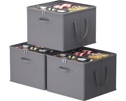 Schoen Organizer Set Van 3 Voor 16 Paar - Grote Schoenenkast Voor Kast Met Verdelers En Deksel - Ruimtebesparende Schoenendoos Met Handgrepen Voor Het Opbergen Van Schoenen - Grijs