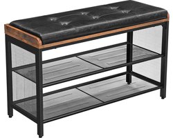 Schoenbank, gestoffeerde bank met gaasplank, schoenenrek, gang, slaapkamer, metaal, eenvoudige montage, ruimtebesparend, industrieel ontwerp, zwart kunstleer, vintage, donkerbruin