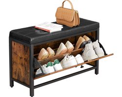 Schoenbank, gewatteerde schoenorganisatie met klep, schoenenkast voor 6 paar schoenen, stalen frame, industrieel ontwerp, vintage bruin-zwart