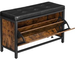 Schoenbank, gewatteerde schoenorganisatie met klep, schoenenkast voor 6 paar schoenen, stalen frame, industrieel ontwerp, vintage bruin-zwart LSB049B01