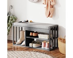 Schoenbank Met Zitkussen En Opbergruimte Voor Hal En Woonkamer - Grijs - Hout En Metaal - 86 X 30 X 45,4 Cm