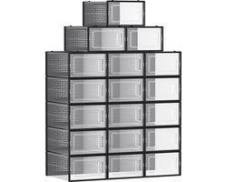 schoendozen, set van 18, opbergdozen voor schoenen, schoen organizer, plastic dozen, opvouwbaar en stapelbaar, voor schoenen tot maat 42, transparant zwart LSP18SBKV1