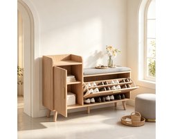 Schoenenbank 100x30x69,5 cm, schoenenkast met zitkussen en opbergruimte, halmeubel met klepdeuren en zijvak, houten entreekast naturel