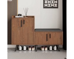 Schoenenbank 120x34 cm - Houtnerf - Vier Opbergdeuren - Asymmetrische Metalen Handgrepen - Gepolsterde Zitplaats - Opbergvakken met Scheidingswanden - Met Kippsicherung