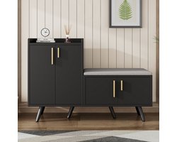 Schoenenbank 120x34x82 cm - 4 Opbergdeuren - Asymmetrische Metalen Handgrepen - Zitkussen - Zwart + Donker Walnoot