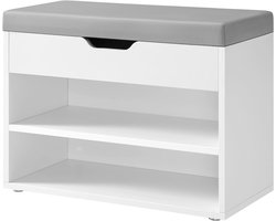 Schoenenbank 60 x 30 x 44 cm, Schoenenrek met 2 Open Vakken en Verborgen Opbergruimte, Halbank met Zacht Zitkussen, Opklapbare Zitting, Schoenenkast, Schoenenopberger, PU-Zitting, Spaanplaat, Max. 136 kg, Wit en Grijs, voor Hal, Gang, Woonkamer