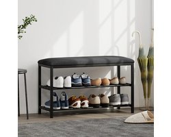 Schoenenbank – 81 x 31 x 50 cm – Metaal en Linnen – Zwart – Met Zitkussen en 2 Open Schoenenrekken