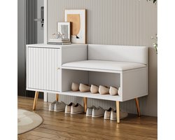 Schoenenbank B100 x T40 x H58 cm - Wit en goud - Gepolsterde zitbank - Met metalen handgrepen - Opbergruimte - 18 cm vrije ruimte