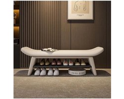 Schoenenbank Massief Hout - Halmeubel Leren Bank - Entree Organiseren - Zacht Comfortabel Kussen - 80 cm - Beige