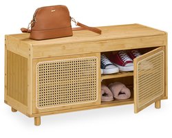 schoenenbank - met deuren - 2 vakken - 90 cm breed - opbergruimte - bamboe