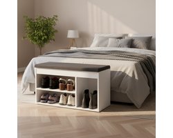 Schoenenbank met Opbergruimte Altameubel Elegance – Garderobebank met Zitkussen, Schoenenrek, Halbank, Wit met Grijze Bekleding – 80 x 48 x 32 cm – Comfortabele Zithoogte, Stevige Houten Constructie