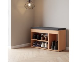 Schoenenbank met Opbergruimte Altameubel Sofia – Garderobebank met Zitkussen, Schoenenrek en Ruim Opbergvak – Beuken / Grijze Bekleding – 80 x 48 x 32 cm – Halbank, Schoenenkast en Comfortabele Zithoek