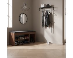 Schoenenbank met Opbergruimte Altameubel Sofia – Zithoek Bankje met Schoenenrek en Comfortabel Kussen – Walnoot Hout & Grijze Bekleding – 100 x 48 x 32 cm – Garderobebank Halbank Schoenenkast