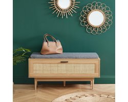 Schoenenbank met opbergruimte en rotan deur 100 cm – Halbank met zachte schuimzitting, houten frame, antraciet retro design 35x100x45 cm – Mobili Bella