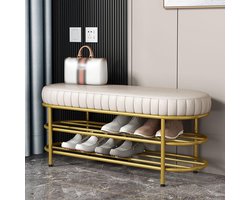 Schoenenbank met Opbergruimte - Entreebank Fluweel - Hal en Slaapkamer - Dubbele Opbergplanken - 80x37x43cm - Crème