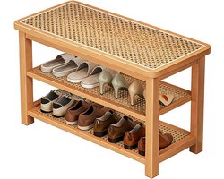 Schoenenbank met opbergruimte - Halbank rotan - Hal organiseren - Dubbele opberglaag - 100 cm breed - Natuurlijk