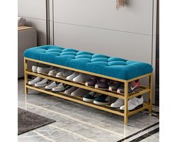 Schoenenbank met opbergruimte - Halmeubel opberger - Schoenen organiseren - Fluwelen bekleding - 60x25x46cm - Bontblauw