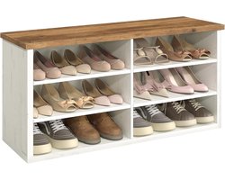 Schoenenbank met opbergruimte – zitbank met 6 vakken en verstelbare planken, ideaal voor woonkamer en hal, 29,5 x 100 x 50 cm, Vintage Wit-honingbruin
