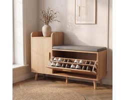Schoenenbank met zitkussen - 100x35x69.5cm - Schoenenkast met klep en opbergvak - Hout en metaal - Modern - Natuurlijk hout
