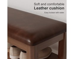 Schoenenbank met Zitkussen 80 x 30 x 52 cm – 3-Laags Schoenenrek van Rubberhout met PU Leren Zitting, Verstelbare Planken, Halbank voor Entree en Gang – Mobili Bella