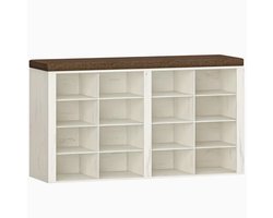 Schoenenbank met Zitkussen en 16 Vakken – Schoenenkast met Verstelbare Planken – Halbank met Opbergruimte – Licht Ivoor