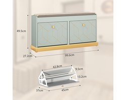 Schoenenbank met Zitkussen en 2 Laden – Industrialhome® Verona – Luxe Schoenenkast Groen met Opbergruimte en Comfortabel Zitvlak – Moderne Halbank met Verstelbare Schoenenrekken – 100x50x27 cm