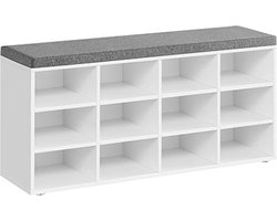 Schoenenbank met zitkussen, opbergbank met zitkussen, halbank met 12 compartimenten, verstelbare planken, voor slaapkamer, 11.9 x 40.9 x 18.9 inch, wit en grijs