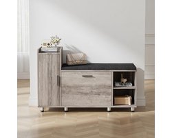 Schoenenbank met Zitkussen & Opbergruimte – 3 Vakken Schoenenkast Halbank met Klapvak, Verstelbare Planken & Metalen Poten – Scandinavisch Grijze Schoenenopberger 105x34x67 cm – Ganeey