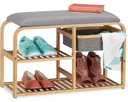 schoenenbank met zitkussen - opbergruimte - smal - 45 x 69 x 30 cm - bamboe - halbank