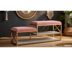 Schoenenbank met Zitting – Gestoffeerde Halbank Schoenenkast 2 Laags – Smalle Opbergbank met Kussen 100x35x45 cm – Schoenenrek met Metalen Frame & Houten Plank – Roze – Ganeey