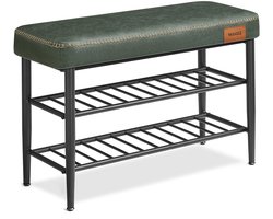 Schoenenbank met Zitting – Groen Kunstleer & Zwart Metaal – Industrieel Halbank– Met 2 Legplanken – 30x80x50cm