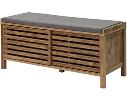 Schoenenbank opbergbank schoenenkast met een comfortabel en zacht zitkussen en roosterdeuren stevig en duurzaam houten frame modern en eenvoudig ontwerp roosterontwerp voor goede ventilatie en zichtbaarheid van de binnenkant 112,4×43,5×51 cm naturel